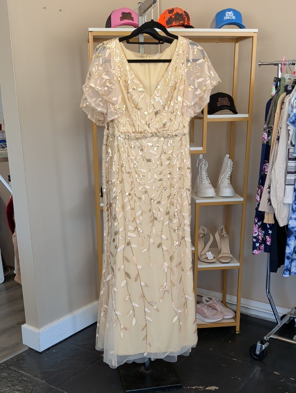Elegant Champagne Sequin Embellished Maxi Dress